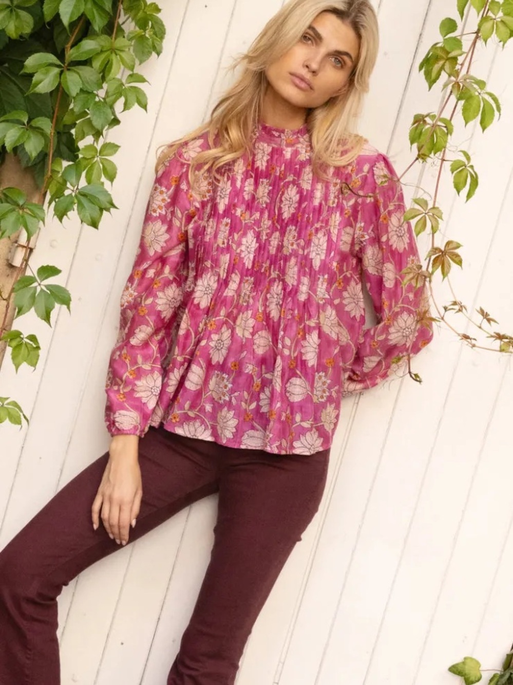 Oliphant Pink Floral Pintuck Long-Sleeve Blouse S